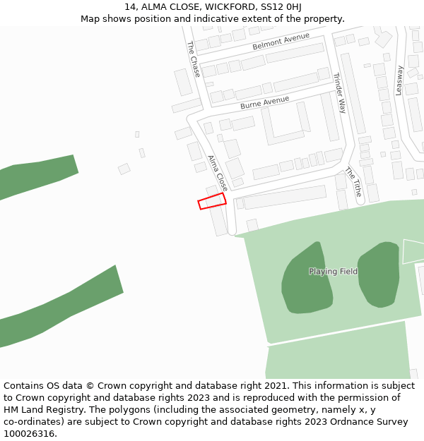 14, ALMA CLOSE, WICKFORD, SS12 0HJ: Location map and indicative extent of plot