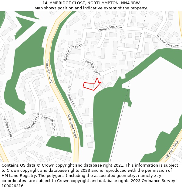 14, AMBRIDGE CLOSE, NORTHAMPTON, NN4 9RW: Location map and indicative extent of plot