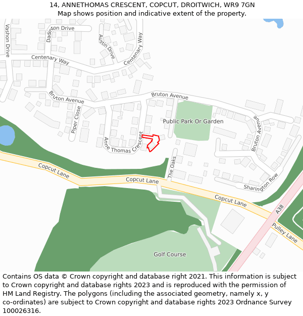 14, ANNETHOMAS CRESCENT, COPCUT, DROITWICH, WR9 7GN: Location map and indicative extent of plot