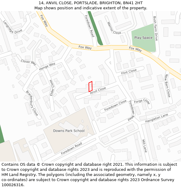 14, ANVIL CLOSE, PORTSLADE, BRIGHTON, BN41 2HT: Location map and indicative extent of plot