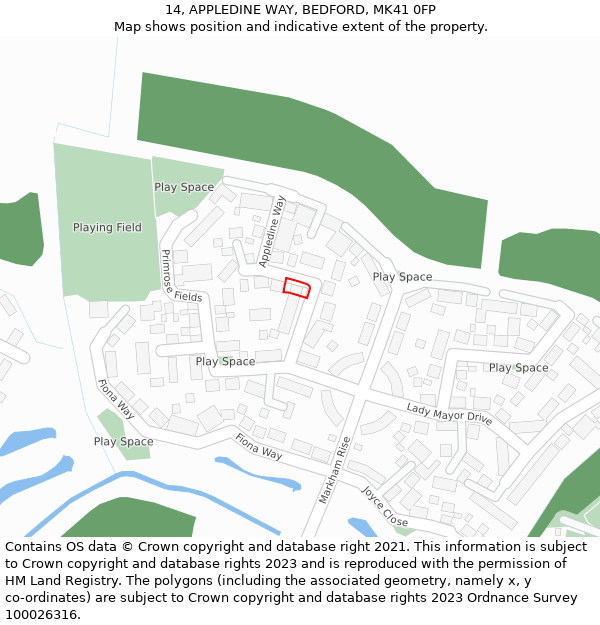 14, APPLEDINE WAY, BEDFORD, MK41 0FP: Location map and indicative extent of plot