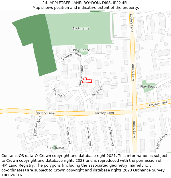 14, APPLETREE LANE, ROYDON, DISS, IP22 4FL: Location map and indicative extent of plot