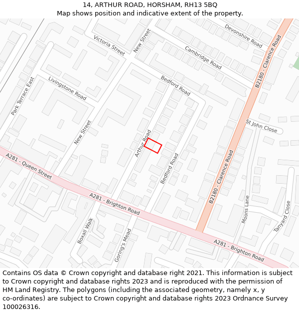 14, ARTHUR ROAD, HORSHAM, RH13 5BQ: Location map and indicative extent of plot