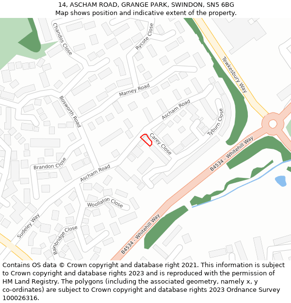 14, ASCHAM ROAD, GRANGE PARK, SWINDON, SN5 6BG: Location map and indicative extent of plot