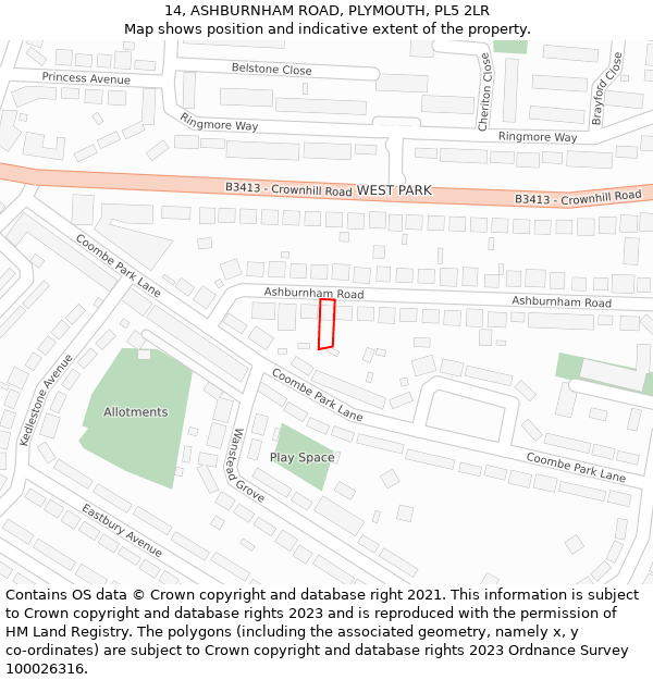 14, ASHBURNHAM ROAD, PLYMOUTH, PL5 2LR: Location map and indicative extent of plot