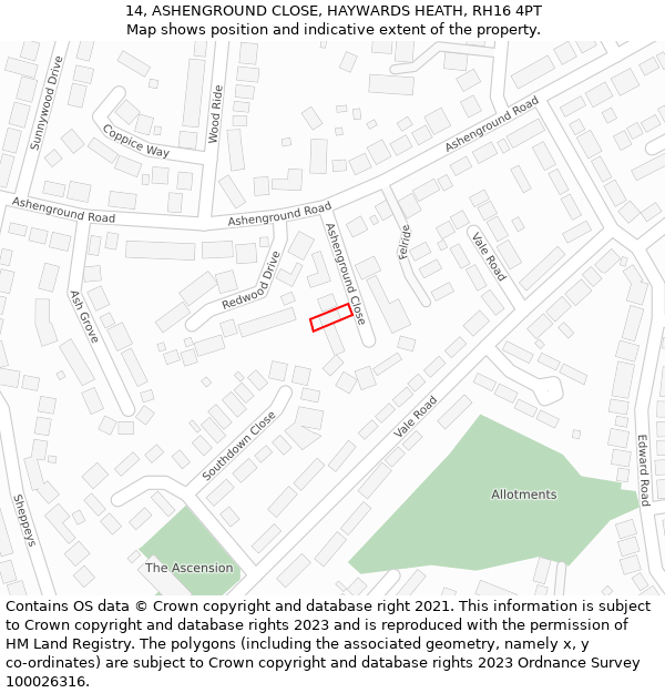 14, ASHENGROUND CLOSE, HAYWARDS HEATH, RH16 4PT: Location map and indicative extent of plot