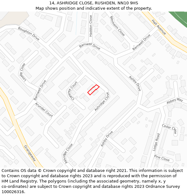 14, ASHRIDGE CLOSE, RUSHDEN, NN10 9HS: Location map and indicative extent of plot