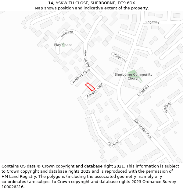 14, ASKWITH CLOSE, SHERBORNE, DT9 6DX: Location map and indicative extent of plot