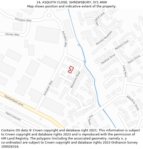 14, ASQUITH CLOSE, SHREWSBURY, SY1 4NW: Location map and indicative extent of plot