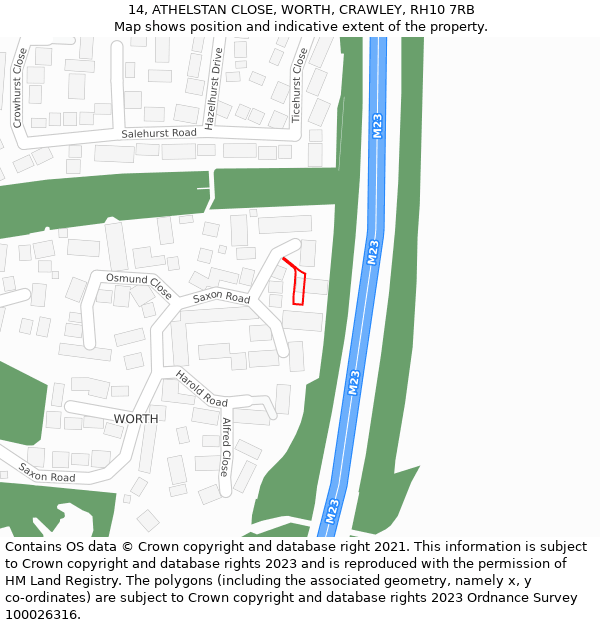 14, ATHELSTAN CLOSE, WORTH, CRAWLEY, RH10 7RB: Location map and indicative extent of plot