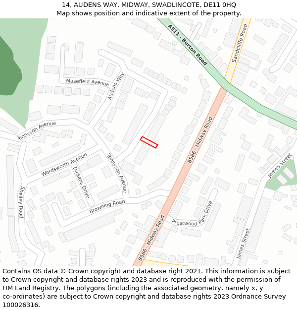 14, AUDENS WAY, MIDWAY, SWADLINCOTE, DE11 0HQ: Location map and indicative extent of plot