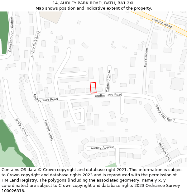 14, AUDLEY PARK ROAD, BATH, BA1 2XL: Location map and indicative extent of plot