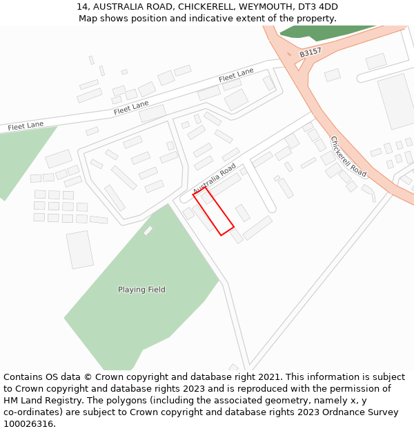 14, AUSTRALIA ROAD, CHICKERELL, WEYMOUTH, DT3 4DD: Location map and indicative extent of plot