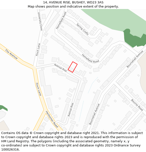 14, AVENUE RISE, BUSHEY, WD23 3AS: Location map and indicative extent of plot