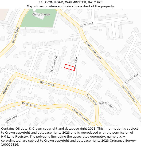 14, AVON ROAD, WARMINSTER, BA12 9PR: Location map and indicative extent of plot