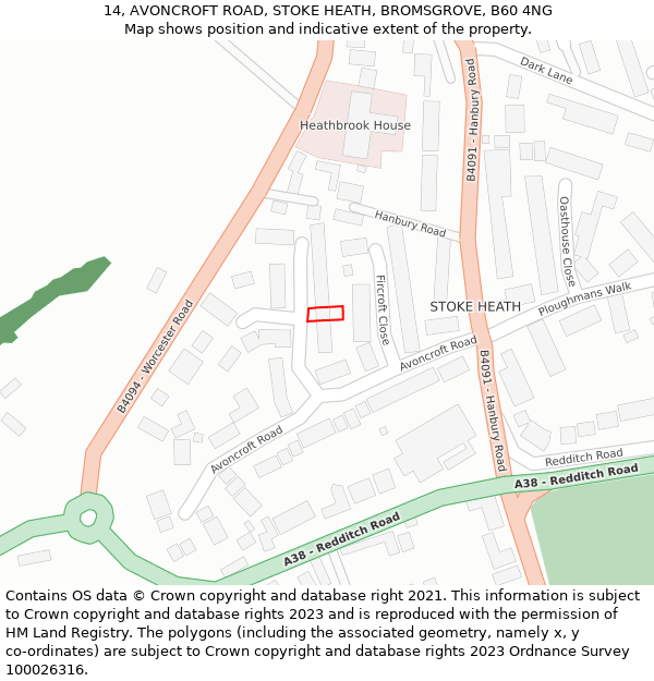 14, AVONCROFT ROAD, STOKE HEATH, BROMSGROVE, B60 4NG: Location map and indicative extent of plot