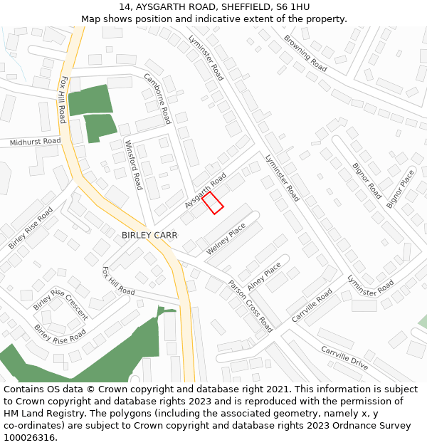 14, AYSGARTH ROAD, SHEFFIELD, S6 1HU: Location map and indicative extent of plot