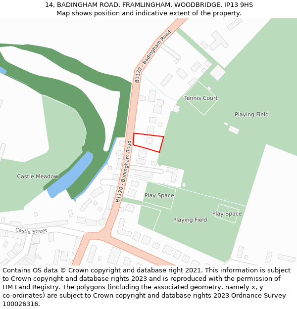 14, BADINGHAM ROAD, FRAMLINGHAM, WOODBRIDGE, IP13 9HS: Location map and indicative extent of plot