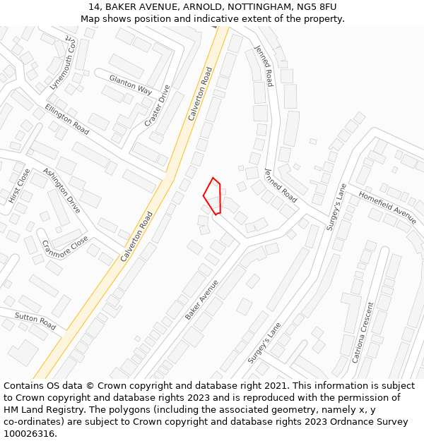 14, BAKER AVENUE, ARNOLD, NOTTINGHAM, NG5 8FU: Location map and indicative extent of plot
