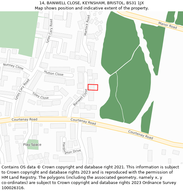 14, BANWELL CLOSE, KEYNSHAM, BRISTOL, BS31 1JX: Location map and indicative extent of plot