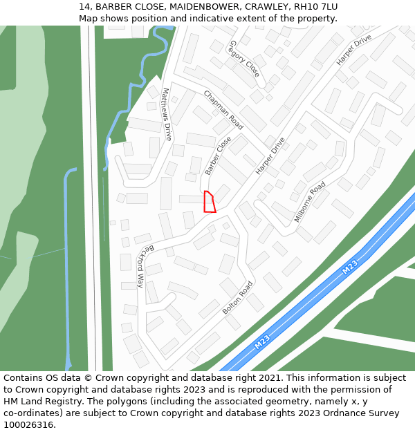 14, BARBER CLOSE, MAIDENBOWER, CRAWLEY, RH10 7LU: Location map and indicative extent of plot