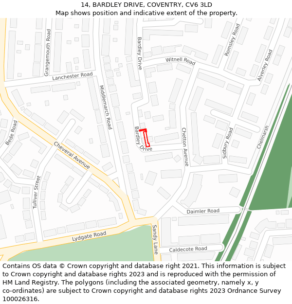 14, BARDLEY DRIVE, COVENTRY, CV6 3LD: Location map and indicative extent of plot