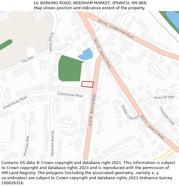 14, BARKING ROAD, NEEDHAM MARKET, IPSWICH, IP6 8EN: Location map and indicative extent of plot