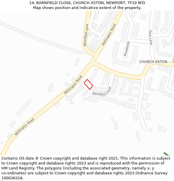 14, BARNFIELD CLOSE, CHURCH ASTON, NEWPORT, TF10 9FD: Location map and indicative extent of plot