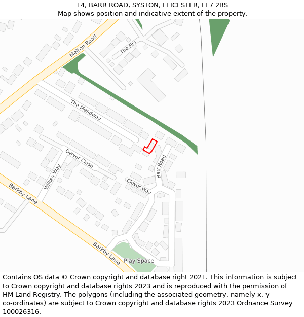 14, BARR ROAD, SYSTON, LEICESTER, LE7 2BS: Location map and indicative extent of plot