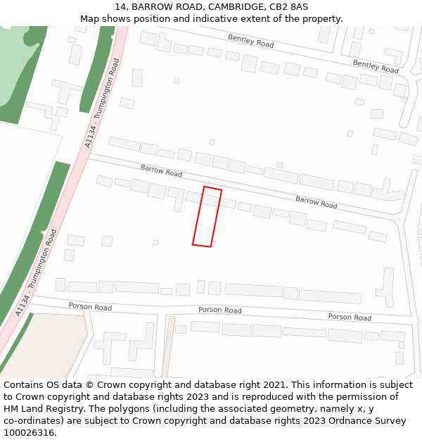 14, BARROW ROAD, CAMBRIDGE, CB2 8AS: Location map and indicative extent of plot