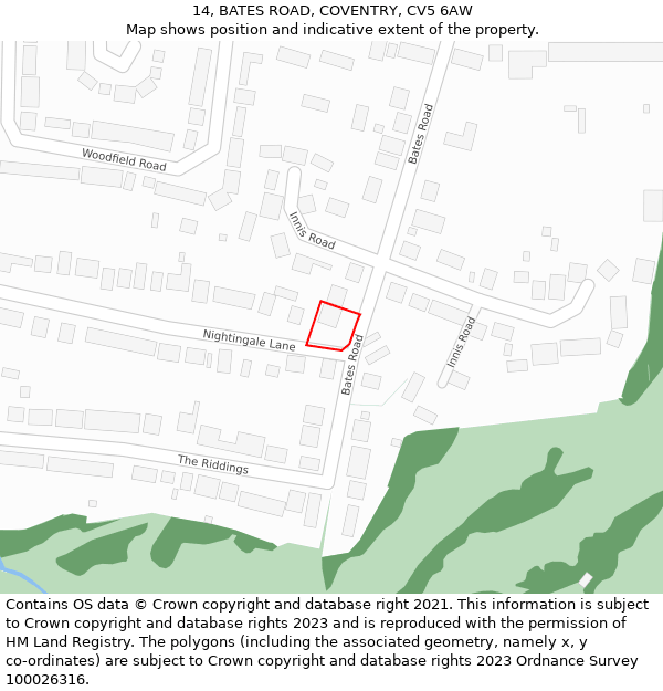 14, BATES ROAD, COVENTRY, CV5 6AW: Location map and indicative extent of plot