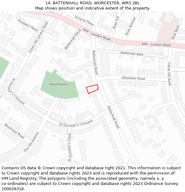 14, BATTENHALL ROAD, WORCESTER, WR5 2BL: Location map and indicative extent of plot