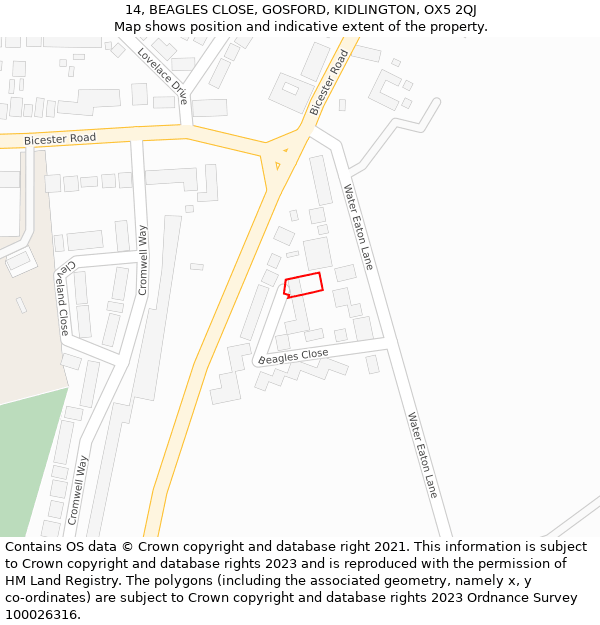 14, BEAGLES CLOSE, GOSFORD, KIDLINGTON, OX5 2QJ: Location map and indicative extent of plot