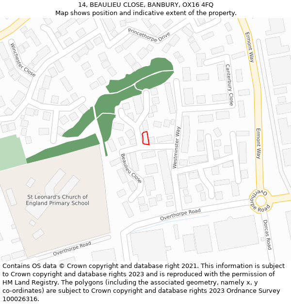 14, BEAULIEU CLOSE, BANBURY, OX16 4FQ: Location map and indicative extent of plot