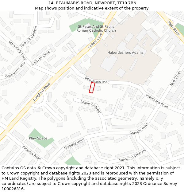 14, BEAUMARIS ROAD, NEWPORT, TF10 7BN: Location map and indicative extent of plot