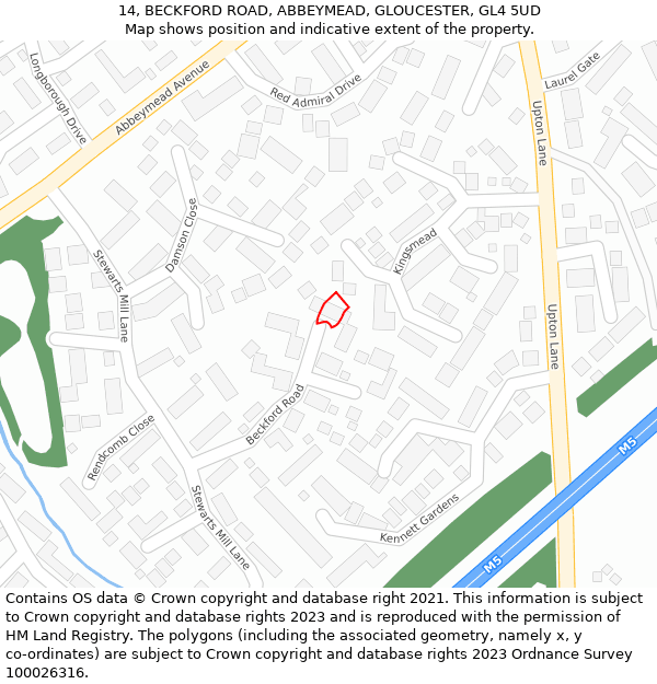 14, BECKFORD ROAD, ABBEYMEAD, GLOUCESTER, GL4 5UD: Location map and indicative extent of plot