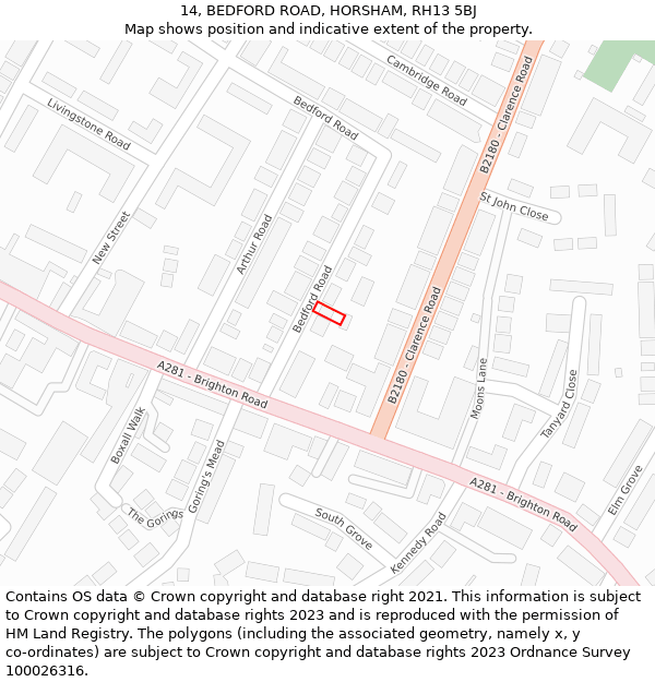 14, BEDFORD ROAD, HORSHAM, RH13 5BJ: Location map and indicative extent of plot