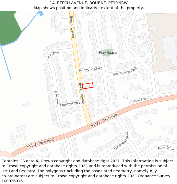 14, BEECH AVENUE, BOURNE, PE10 9RW: Location map and indicative extent of plot