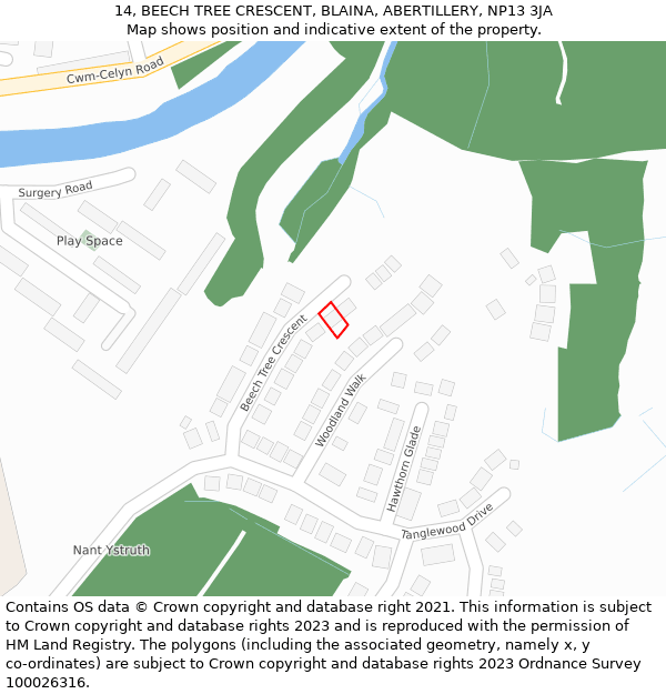 14, BEECH TREE CRESCENT, BLAINA, ABERTILLERY, NP13 3JA: Location map and indicative extent of plot