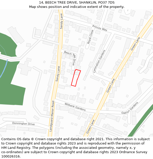 14, BEECH TREE DRIVE, SHANKLIN, PO37 7DS: Location map and indicative extent of plot