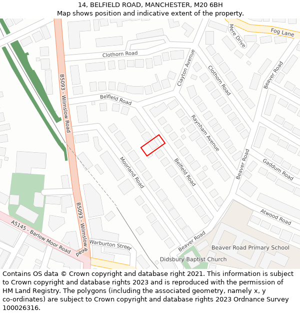 14, BELFIELD ROAD, MANCHESTER, M20 6BH: Location map and indicative extent of plot