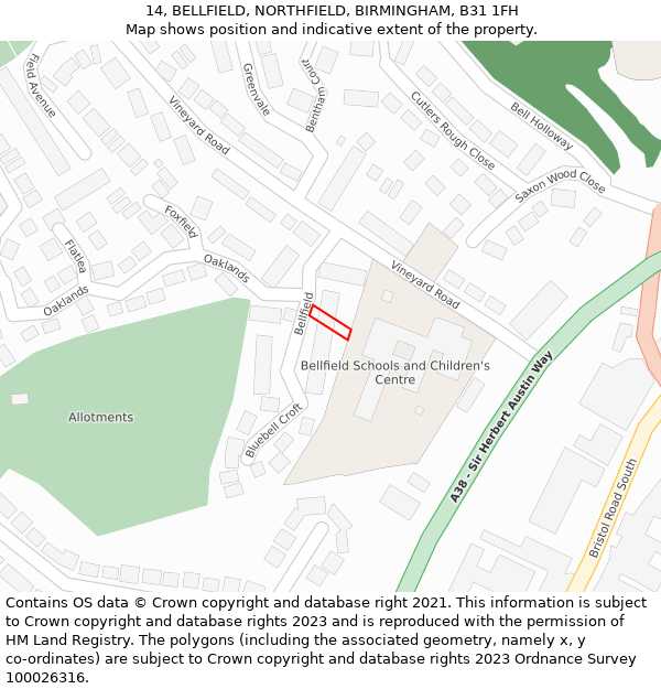 14, BELLFIELD, NORTHFIELD, BIRMINGHAM, B31 1FH: Location map and indicative extent of plot