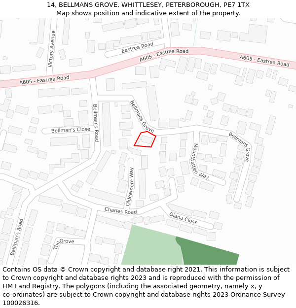 14, BELLMANS GROVE, WHITTLESEY, PETERBOROUGH, PE7 1TX: Location map and indicative extent of plot