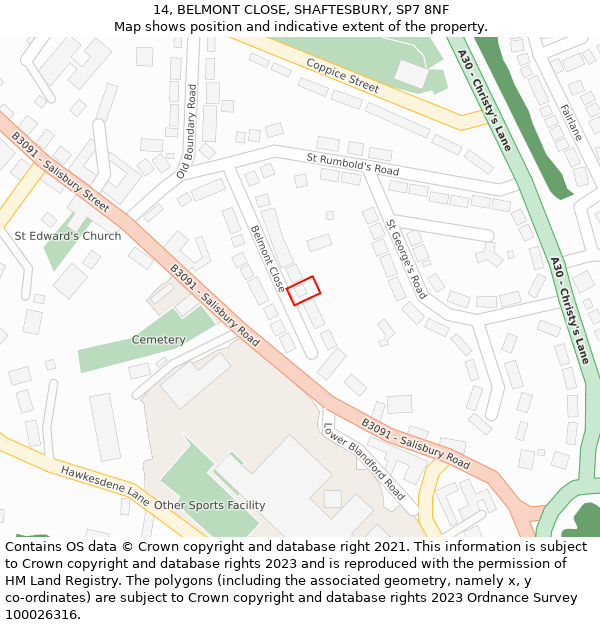 14, BELMONT CLOSE, SHAFTESBURY, SP7 8NF: Location map and indicative extent of plot