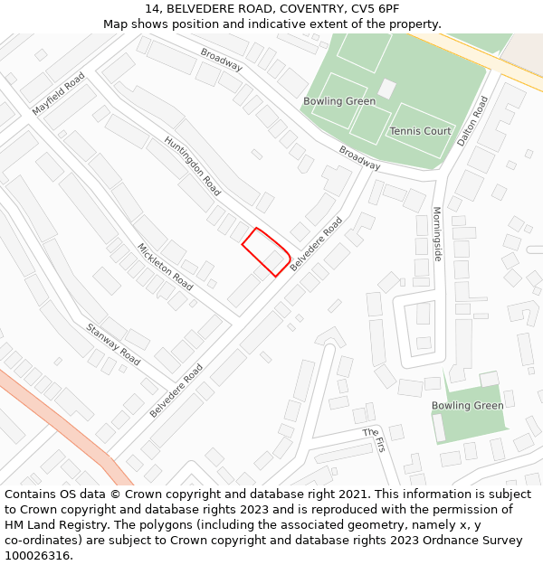 14, BELVEDERE ROAD, COVENTRY, CV5 6PF: Location map and indicative extent of plot