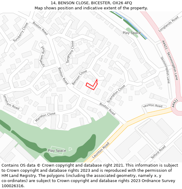 14, BENSON CLOSE, BICESTER, OX26 4FQ: Location map and indicative extent of plot