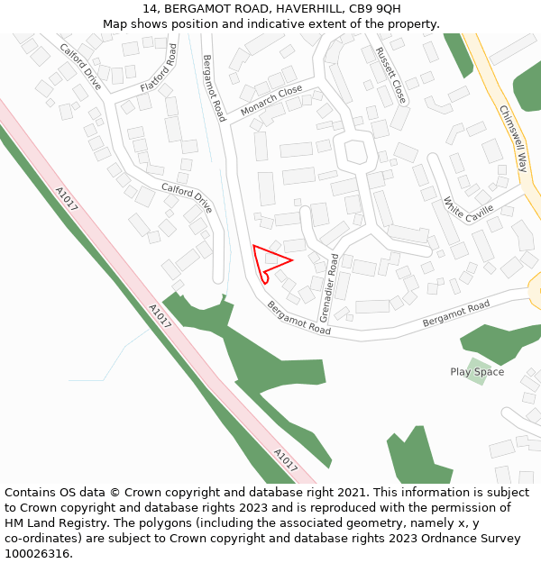14, BERGAMOT ROAD, HAVERHILL, CB9 9QH: Location map and indicative extent of plot