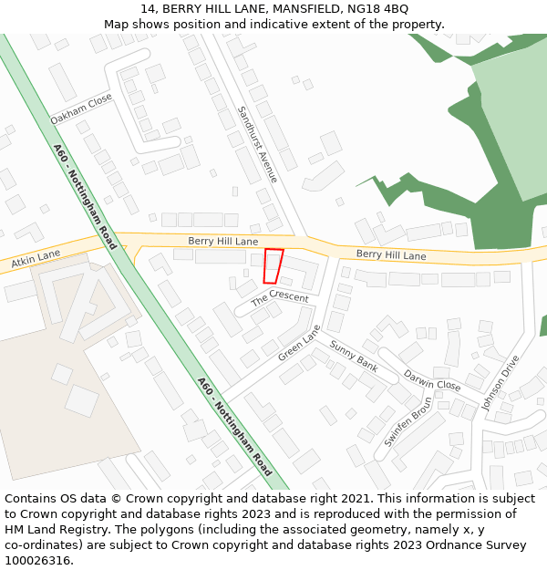 14, BERRY HILL LANE, MANSFIELD, NG18 4BQ: Location map and indicative extent of plot