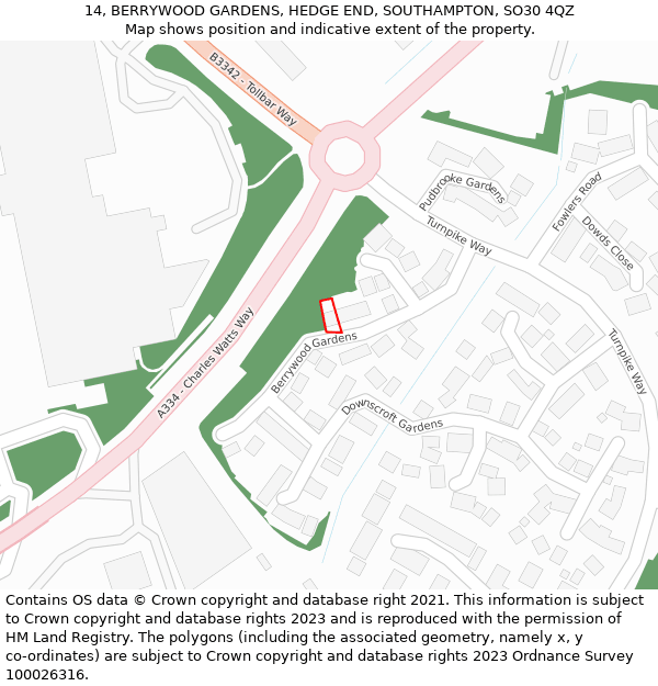 14, BERRYWOOD GARDENS, HEDGE END, SOUTHAMPTON, SO30 4QZ: Location map and indicative extent of plot