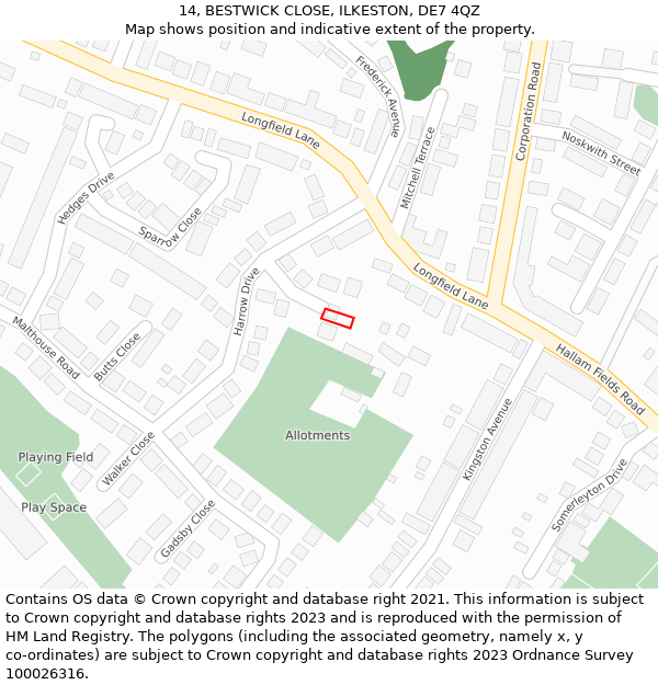 14, BESTWICK CLOSE, ILKESTON, DE7 4QZ: Location map and indicative extent of plot